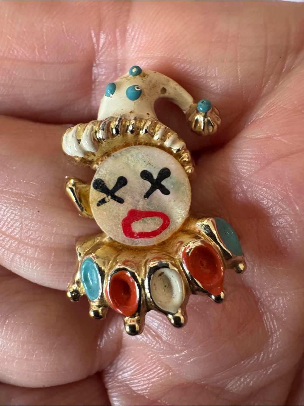 Vintage Clown Face mother of pearl Pin with Colorful Enamel Accents 1950’s